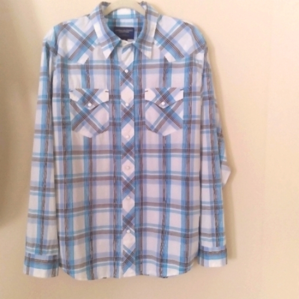 American Eagle Outfitters Pearl Snap Blue White Plaid Western Cowboy Shirt Large